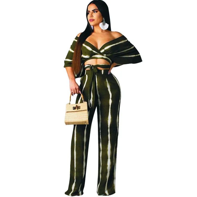 Sexy Striped Two Piece Set Women Off Shoulder V-neck Batwing Sleeve Crop Top and Wide Leg Pants Elegant Clubwear 2 Piece Outfits
Sexy Striped Two Piece Set Women Off Shoulder V-neck Batwing Sleeve Crop Top and Wide Leg Pants Elegant Clubwear 2 Piece Outfits
