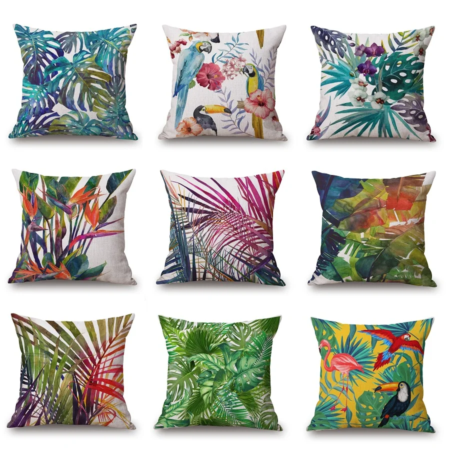 

Tropical Plant Cushion Cover Palm Tree Leaves Flamingo Parrot Birds Pillow Case Pillow Covers Bedroom Sofa Decoration