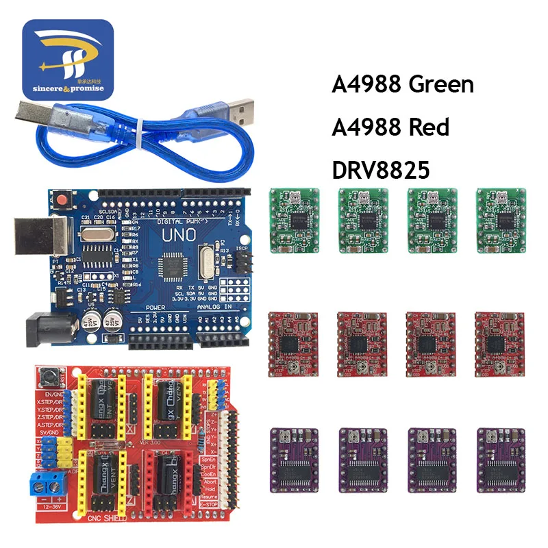 CNC shield v3 engraving machine 3D Printer+ 4pcs A4988/DRV8825 driver expansion board for Arduino + UNO R3 with USB cable
CNC shield v3 engraving machine 3D Printer+ 4pcs A4988/DRV8825 driver expansion board for Arduino + UNO R3 with USB cable
