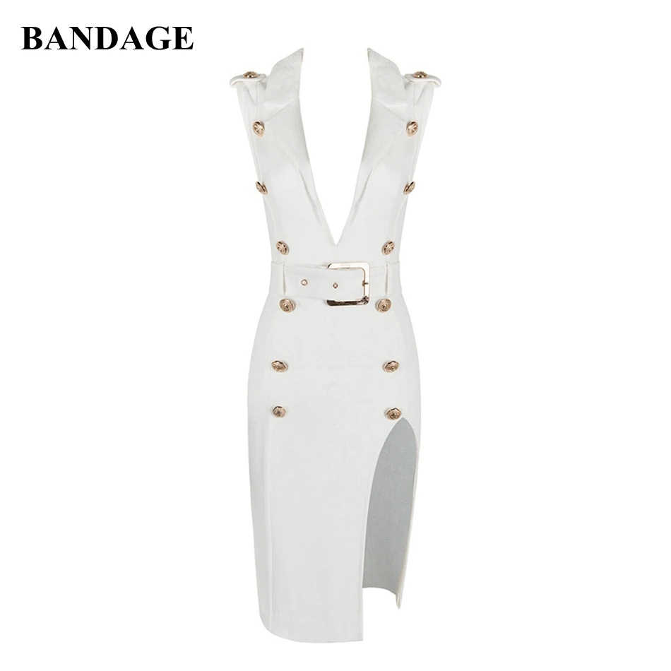 

2019 Cheap Plunge Neckline Button Details Dress High Split Plunging Neck Deep V Sexy Party Vestidos Women Outfits Belt Sashes