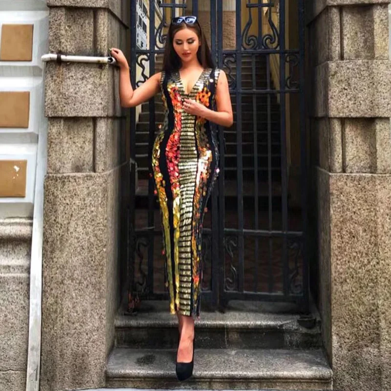 Summer Women Sequin Dress 2018 New Fashion Gold Sleeveless Celebrity Sexy Deep V Neck Maxi Evening Party Dress Vestido Wholesale