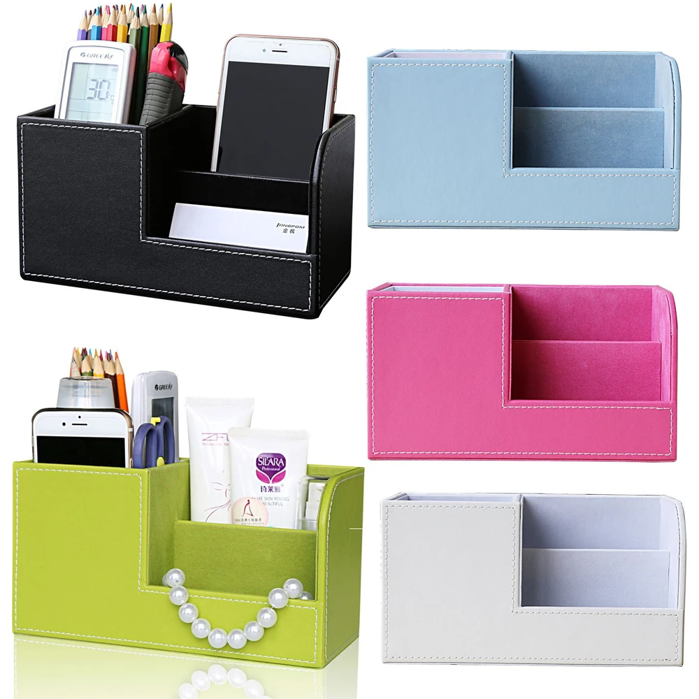 

XRHYY Colors Wooden Pu Leather Multi-function Desk Stationery Organizer Storage Box Pen/Pencil/Name Cards Remote Control Holder