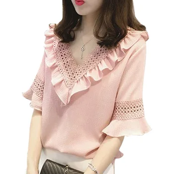 Women V Neck Loose Short Sleeve Tops Blouse Lace Hollow Stitching Shirt Solid Color White Ruffled Sleeve Chiffon Shirts
Women V Neck Loose Short Sleeve Tops Blouse Lace Hollow Stitching Shirt Solid Color White Ruffled Sleeve Chiffon Shirts