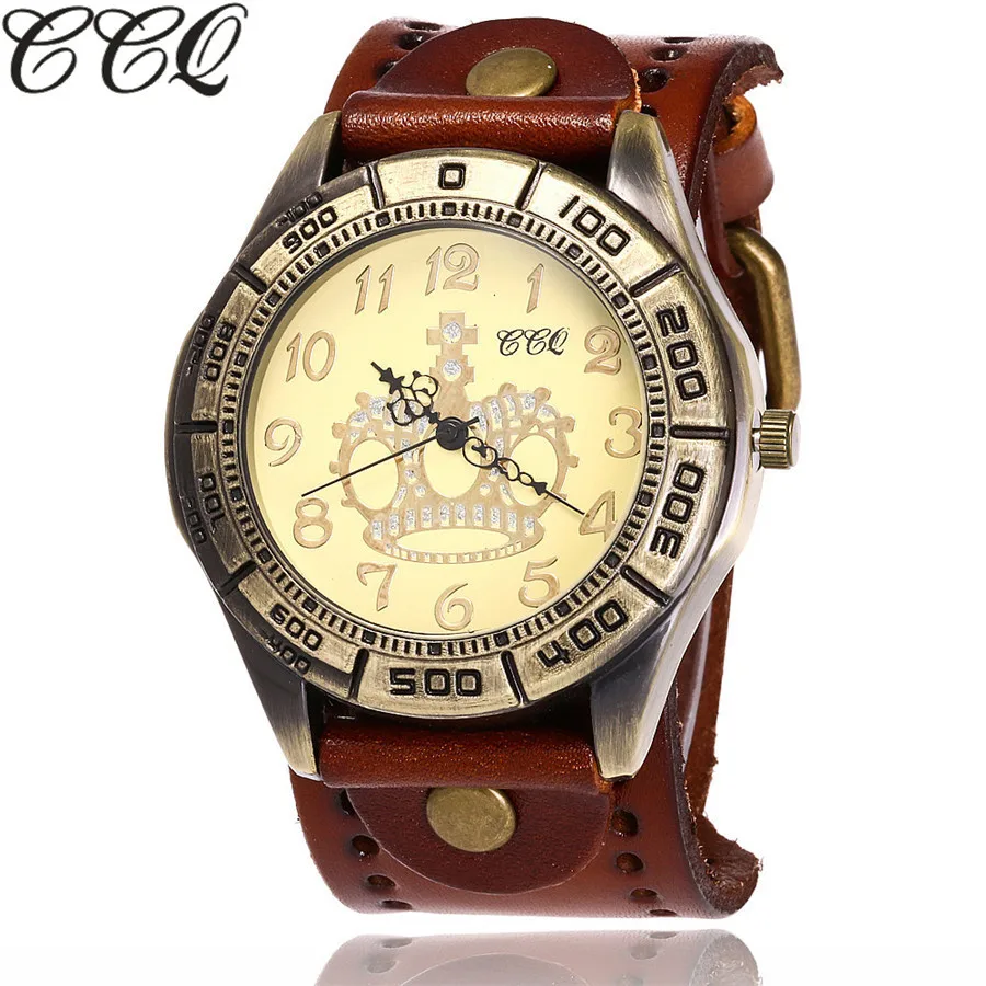 

CCQ Brand Men Vintage Luxury Crown Dial Watch Casual Cow Leather Punk Rivet WristWatch Relogio Masculino