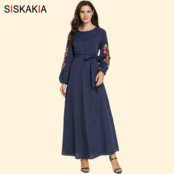 Siskakia Elegant Stripe Embroidery Maxi Long Dress Brief Round Neck Long Sleeve Office lady Dresses Ankle-Length Slim Sash 2019
Siskakia Elegant Stripe Embroidery Maxi Long Dress Brief Round Neck Long Sleeve Office lady Dresses Ankle-Length Slim Sash 2019