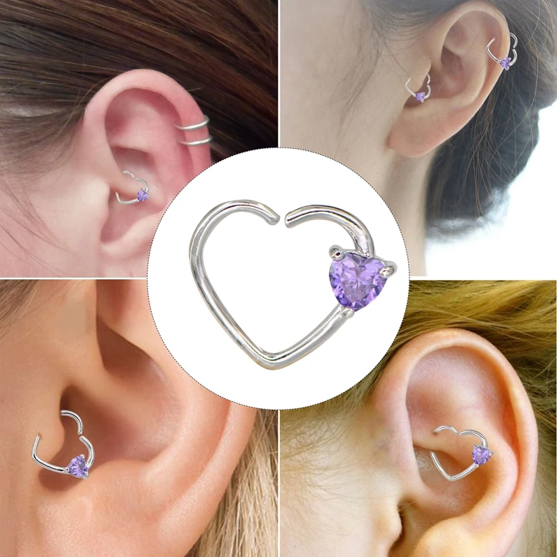  BODY PUNK Jewelry Heart CZ Left Closure Daith Cartilage 16 Gauge Heart Tragus Earrings 5 Colors Micro Circular Barbell Nose  (3)
