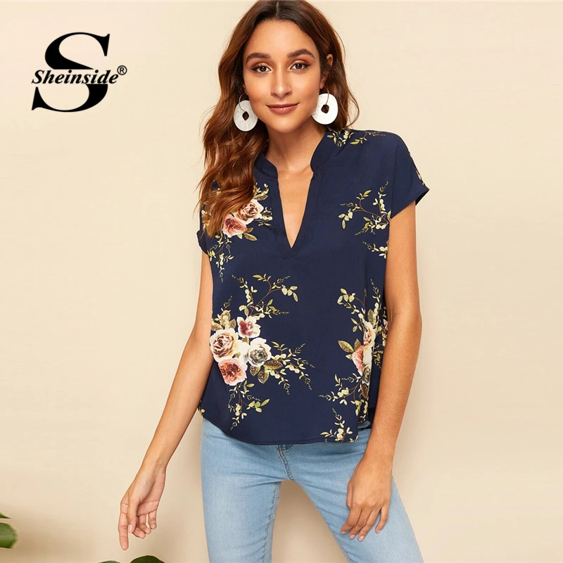 

Sheinside Navy Casual V Neck Floral Print Blouse Women 2019 Summer Short Sleeve Blouses Ladies Curved Hem Minimalist Top