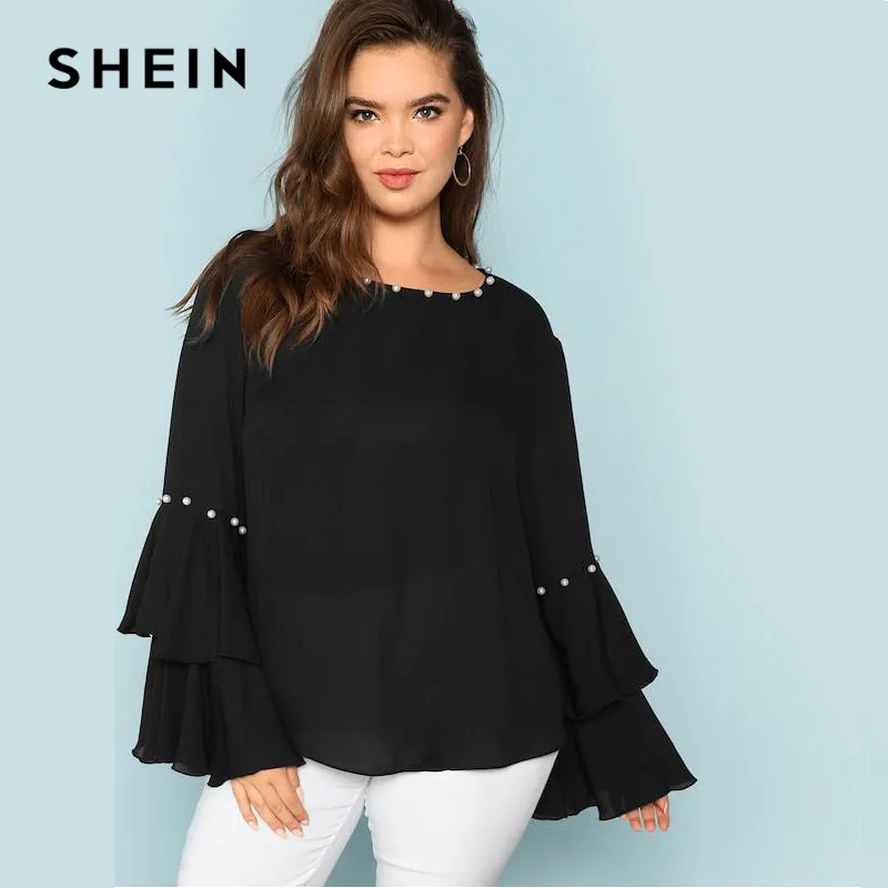 

SHEIN Pearls Embellished Layered Ruffle Sleeve Plus Size Women Black Blouse 2018 Fashion Beaded Detail O-Neck Top Blouse