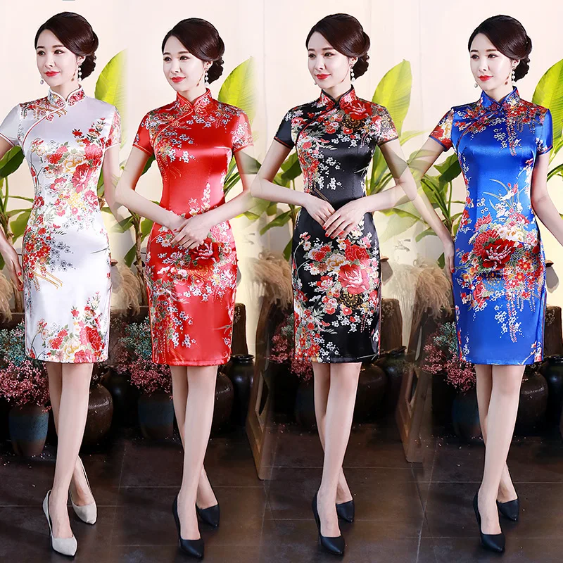 Vintage Cheongsam Summer Traditional Chinese Dresses Print Flower Short Sleeve Qipao Mandarin Collar Elegant Wedding Dress
Vintage Cheongsam Summer Traditional Chinese Dresses Print Flower Short Sleeve Qipao Mandarin Collar Elegant Wedding Dress