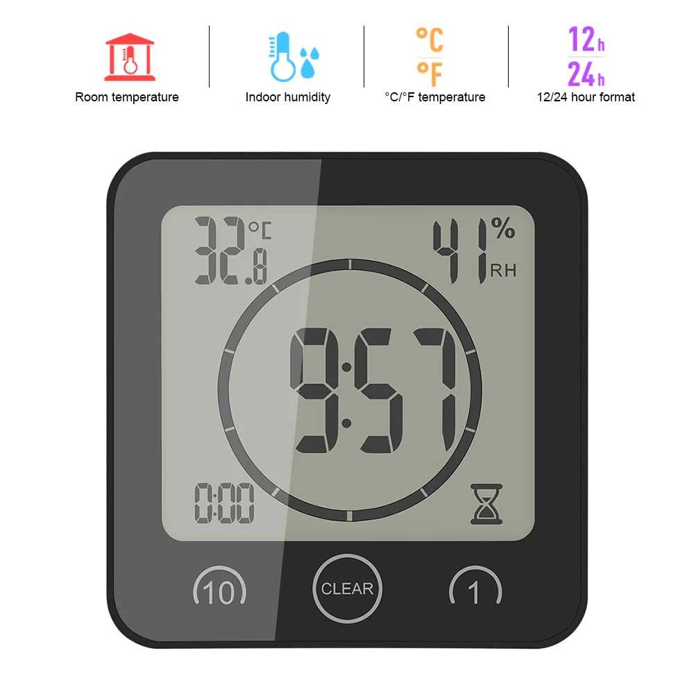 

LCD Digital Bathroom Clock Touch Control Thermometer Hygrometer Waterproof Cook Timer With Alarm