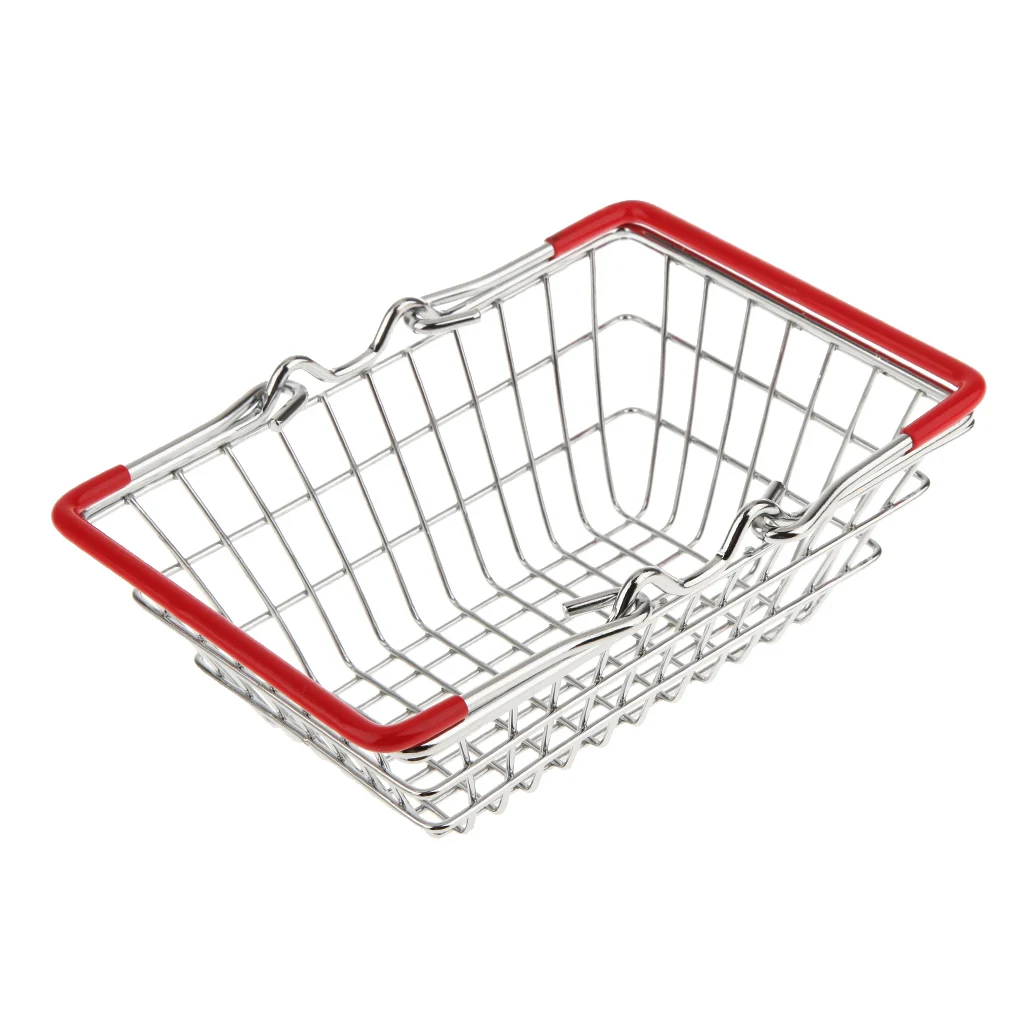 Red Small Metal Shopping Basket Table Storage Basket for Children Kids Role Pretend Play Toys Room Decoration