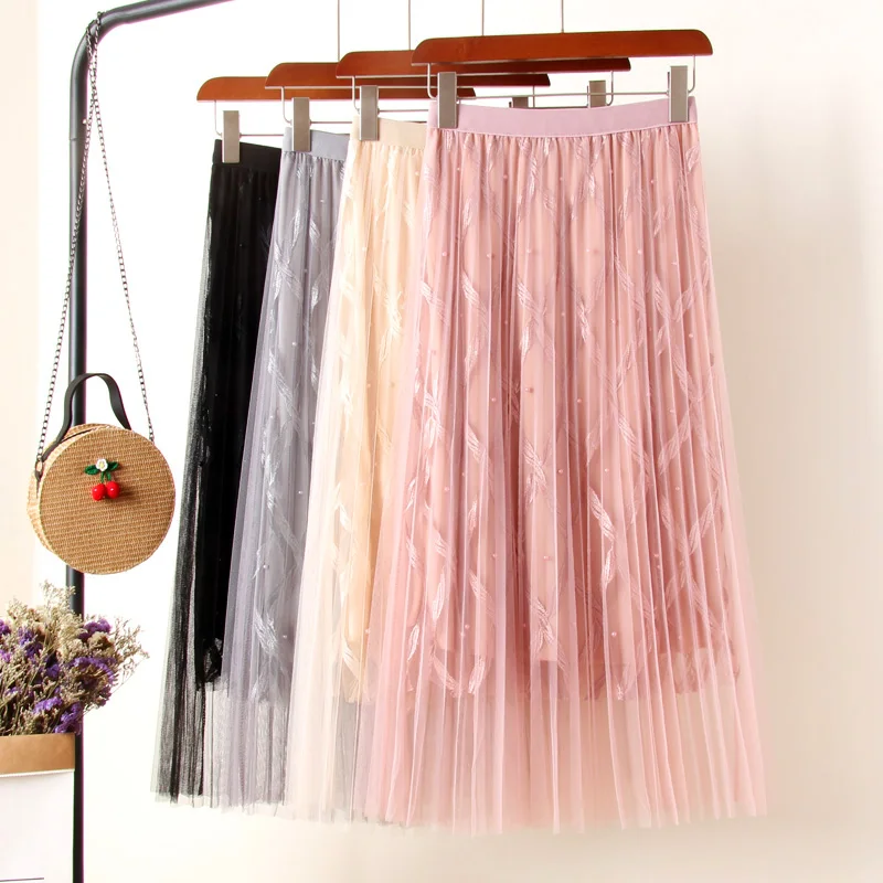 2019 Spring Summer Women Tulle Skirts Beaded Mesh Lace Skirts High Waist Pleated Tutu Skirt Female Jupe Longue
2019 Spring Summer Women Tulle Skirts Beaded Mesh Lace Skirts High Waist Pleated Tutu Skirt Female Jupe Longue