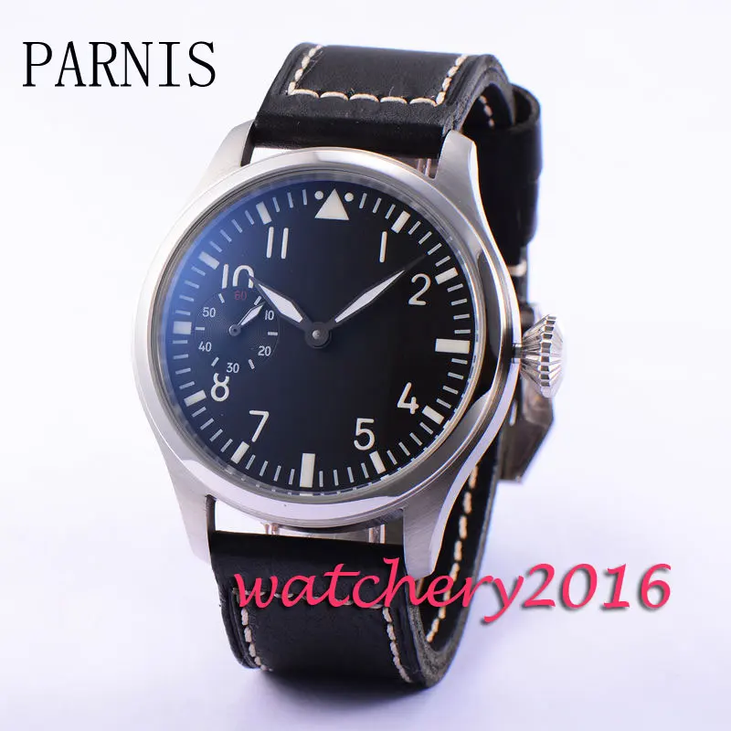 Фото Модные 47 мм Parnis черные кожаные часы с циферблатом из нержавеющей стали 17