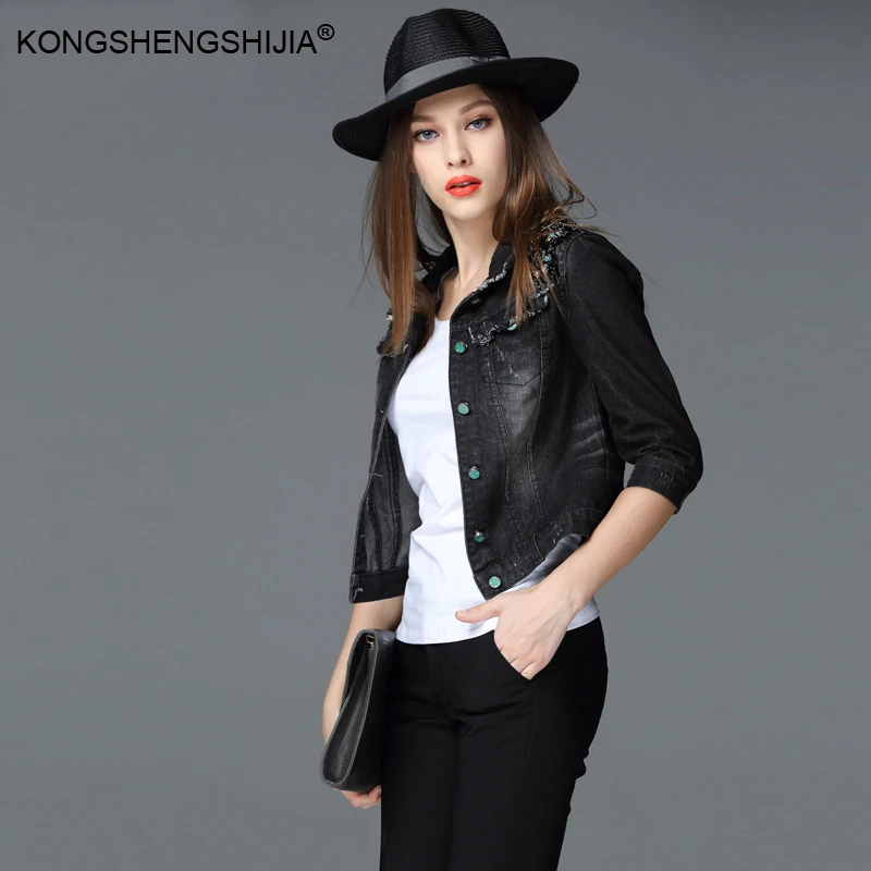 black denim jacket 3/4 sleeve single breasted no hat short crop top turn down collar women spring jeans jackets 66204
black denim jacket 3/4 sleeve single breasted no hat short crop top turn down collar women spring jeans jackets 66204