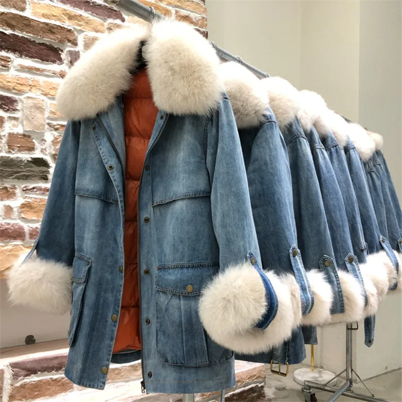 Denim Parker Jackets And Coats Women Thick Warm White Duck Down Coat Long Outwear Female Detachable Real Fox Fur Liner
Denim Parker Jackets And Coats Women Thick Warm White Duck Down Coat Long Outwear Female Detachable Real Fox Fur Liner