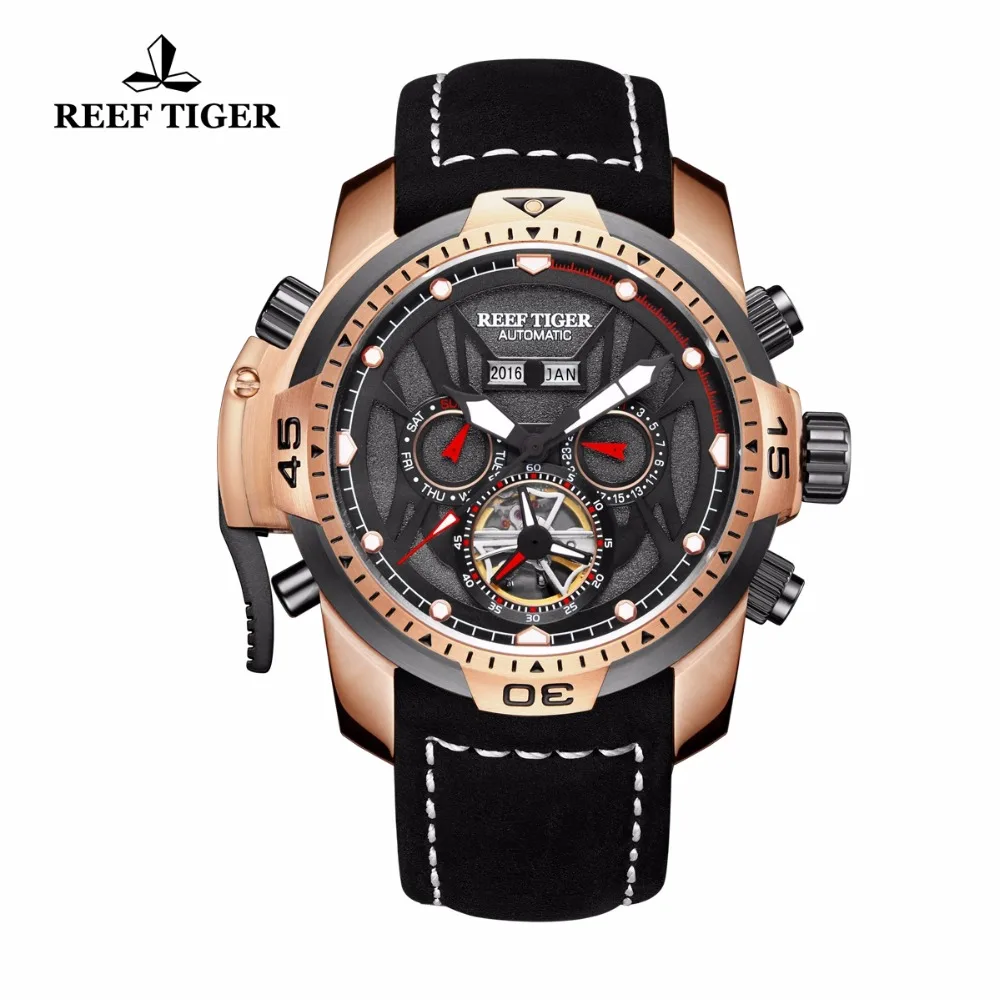 Спортивные мужские часы Reef Tiger/RT автоматические из натуральной кожи с сложным