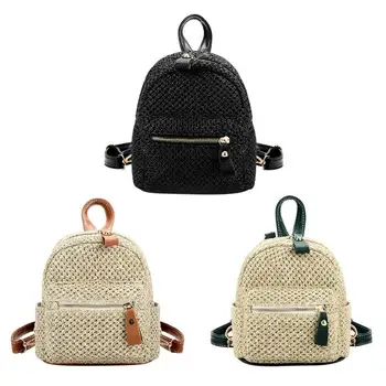Two Ways Using Backpack Women Mini Shoulder Bag Straw Weave Hollow Beach Satchel Schoolbag