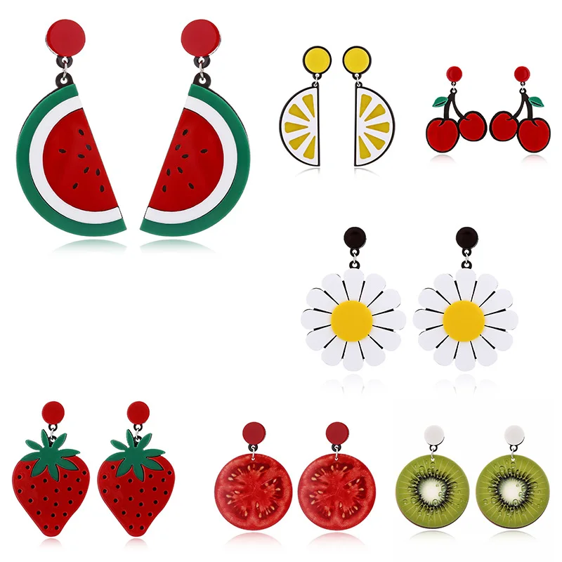 

Fruit Earrings Food Dangle Strawberry Drop Earrings For Women Girl Female Acrylic Watermelon Earring Tomato Kiwi Orange Jewelry