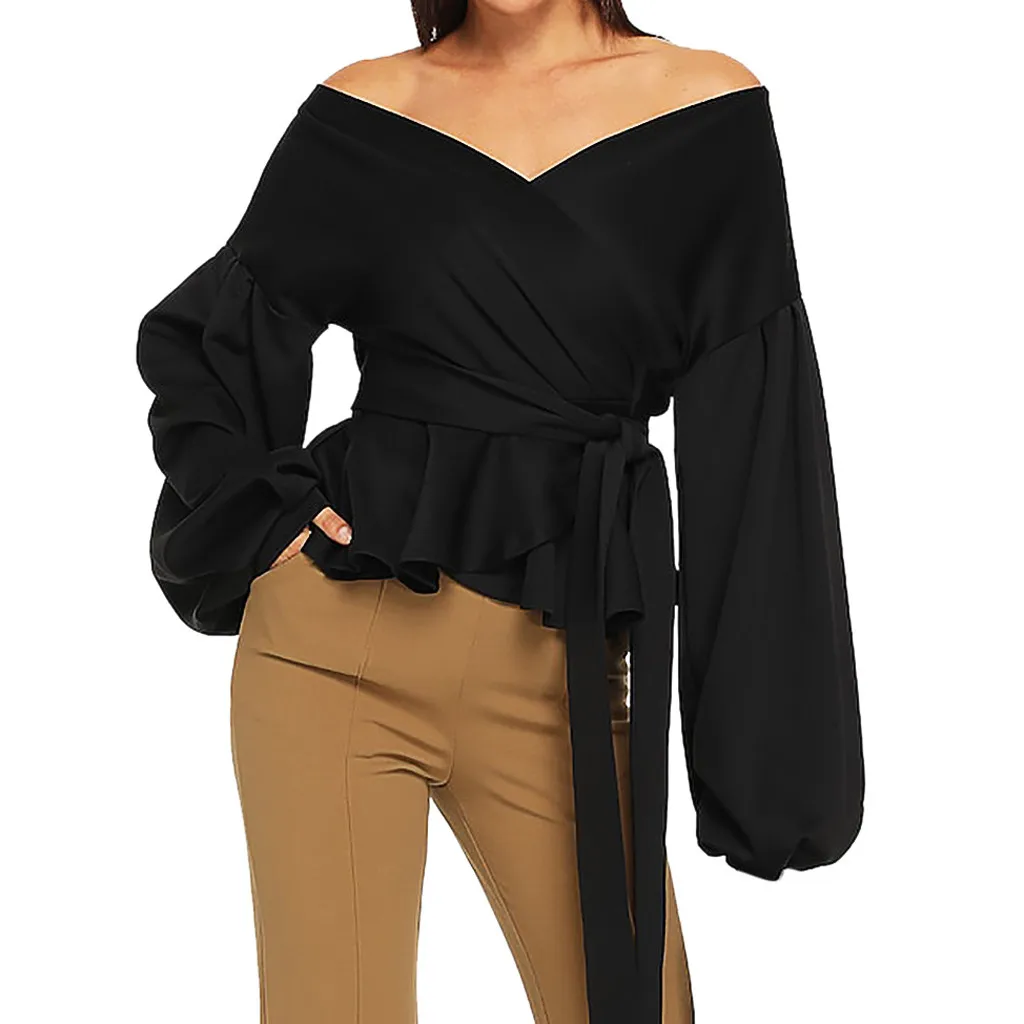 Women loose Blouses Solid Shirts Fashion Long Sleeve Strapless Pullover V-Neck Lantern Sleeve Bow Belt Bandage Tops femme #G
Women loose Blouses Solid Shirts Fashion Long Sleeve Strapless Pullover V-Neck Lantern Sleeve Bow Belt Bandage Tops femme #G
