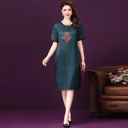 2019 Spring Summer Short Sleeve Round Collar Silk Women Dress New Style Loose Retro High End Mother Elegant Temperament Dresses
2019 Spring Summer Short Sleeve Round Collar Silk Women Dress New Style Loose Retro High End Mother Elegant Temperament Dresses