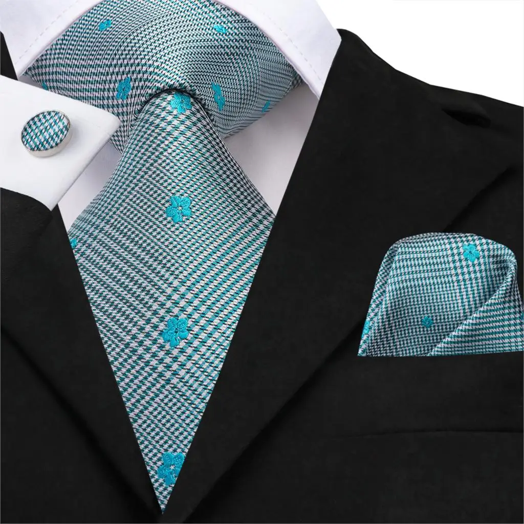 Фото Hi-Tie Men Tie Silk New Plaid Ties for Blue Floral Neckties Hanky Cufflinks Set Men's Male Wedding Party Gravatas SN-3215 | Аксессуары
