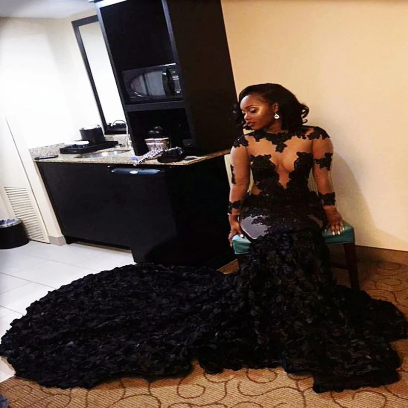 African Black Prom Dresses Mermaid Sheer Neckline Appliques Long Sleeves Evening Dress arabic dresses dubai Party Gowns
African Black Prom Dresses Mermaid Sheer Neckline Appliques Long Sleeves Evening Dress arabic dresses dubai Party Gowns