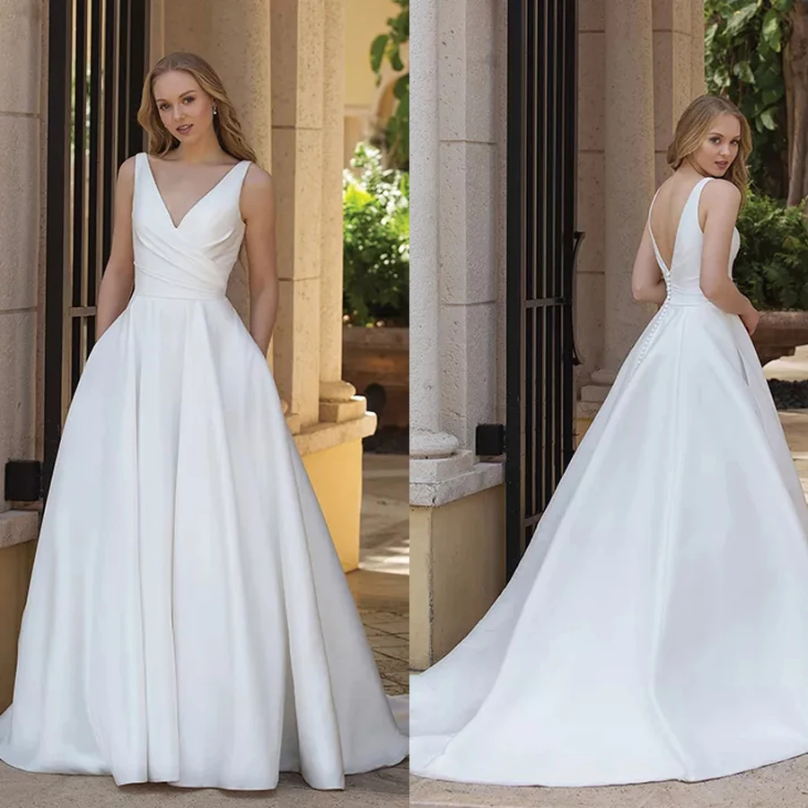 V-neck Asymmetric Draped Ball Gown with Pockets Matte Satin Simple Bridal Dress with Button Wedding Dress 2019
V-neck Asymmetric Draped Ball Gown with Pockets Matte Satin Simple Bridal Dress with Button Wedding Dress 2019