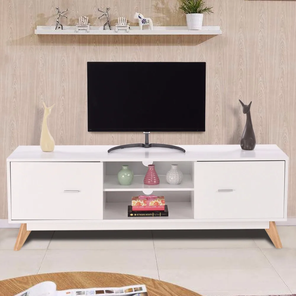 Modern Tv Stand Center Console Tv Cabinet Stand 2 Doors Shelves White Wood Living Room Furniture