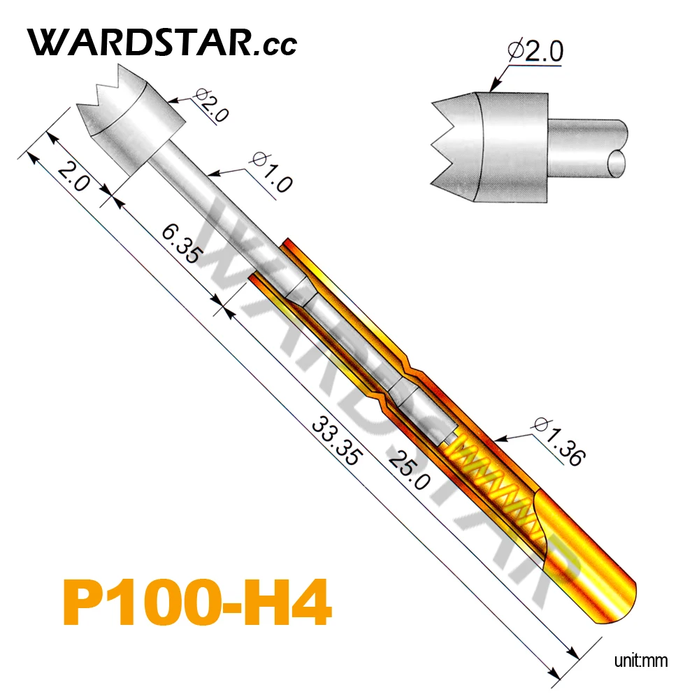 100pcs/lot P100-H4 Dia 2.0mm Spring Test Probes Pogo Pin Length 33.35mm (Stroke Spring Froce:180g) Wholesale
100pcs/lot P100-H4 Dia 2.0mm Spring Test Probes Pogo Pin Length 33.35mm (Stroke Spring Froce:180g) Wholesale
