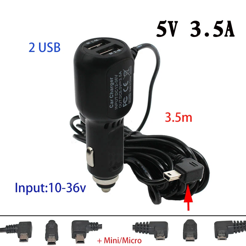 USB Car Charger for Car/truck DVR dash Camera GPS 3.5 meter 5V 3.5A mini/micro USB with 2 USB Port power cable
USB Car Charger for Car/truck DVR dash Camera GPS 3.5 meter 5V 3.5A mini/micro USB with 2 USB Port power cable