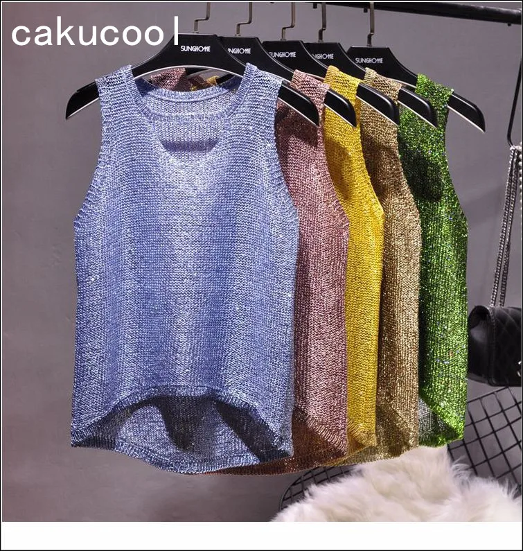 Cakucool Bling summer knitted Tank Tops Women sexy Sequins Shiny Lurex Hollow Out Sleeveless T-Shirt Camis Vests female 5 colors
Cakucool Bling summer knitted Tank Tops Women sexy Sequins Shiny Lurex Hollow Out Sleeveless T-Shirt Camis Vests female 5 colors