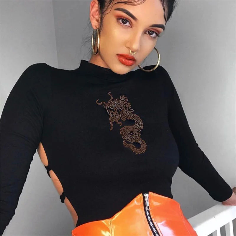 Dragon Embroidery Backless Lace Up Long Sleeve Black Bodysuit Women Sexy Bodycon Jumpsuit Streetwear Fall Tops
Dragon Embroidery Backless Lace Up Long Sleeve Black Bodysuit Women Sexy Bodycon Jumpsuit Streetwear Fall Tops