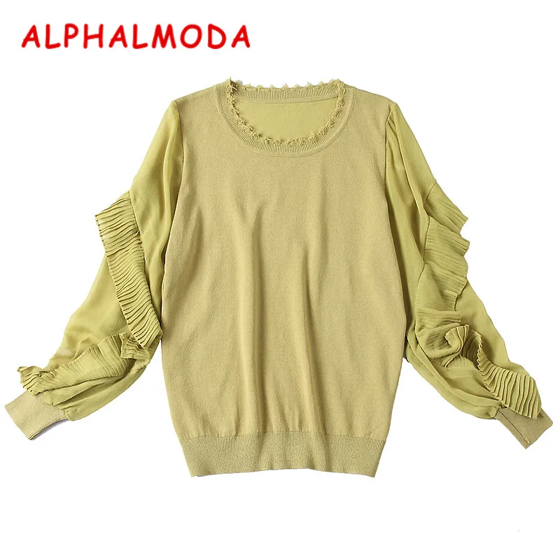 ALPHALMODA 2018 Spring Long-sleeve Chiffon Patchwork Knitted Sweater Stylish Pleated Detail Sleeve Pullovers Thin Spring Jumpers
ALPHALMODA 2018 Spring Long-sleeve Chiffon Patchwork Knitted Sweater Stylish Pleated Detail Sleeve Pullovers Thin Spring Jumpers