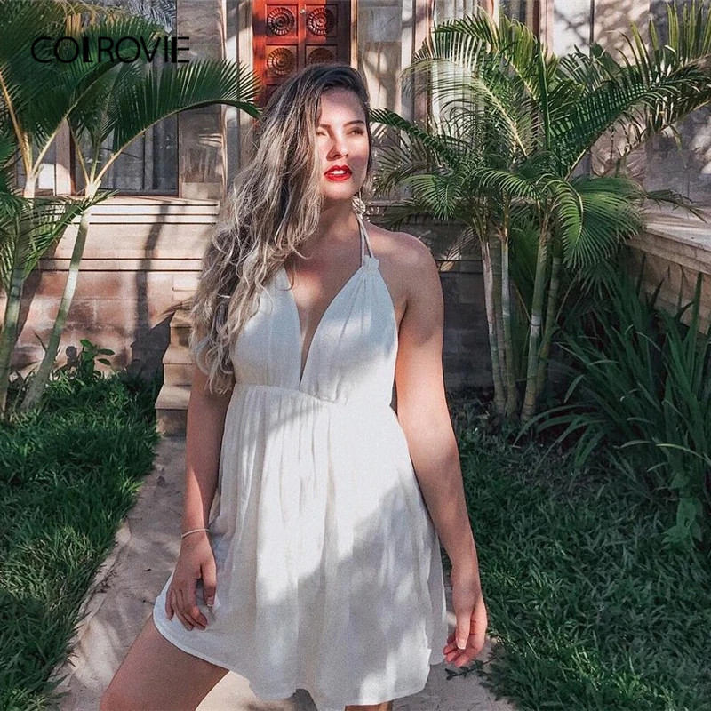 COLROVIE White Vacation Solid Backless Deep V Neck Plunging Halter Women Dress 2018 Open Back Summer Dress A-Line Sexy Dress
COLROVIE White Vacation Solid Backless Deep V Neck Plunging Halter Women Dress 2018 Open Back Summer Dress A-Line Sexy Dress