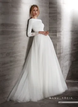 New Simple Crepe Tulle Modest Wedding Dresses With 3/4 Sleeves Boat Neck Covered Back Country Western Sleeved Bridal Gowns
New Simple Crepe Tulle Modest Wedding Dresses With 3/4 Sleeves Boat Neck Covered Back Country Western Sleeved Bridal Gowns