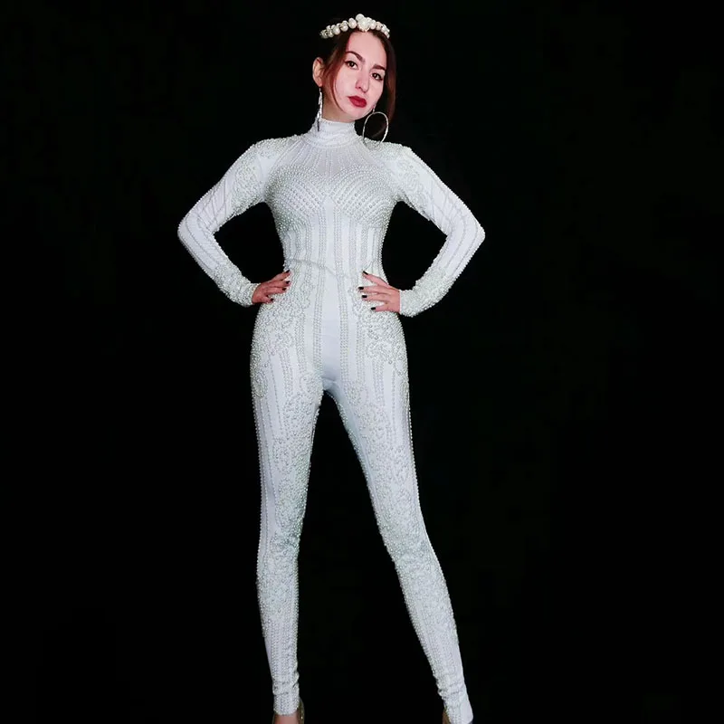 

Jazz Dance Costumes White Pearls Stretch Bodysuit Stage Wear Jumpsuit Women Nightclub Party Female Singer Celebrate Outfit DT945