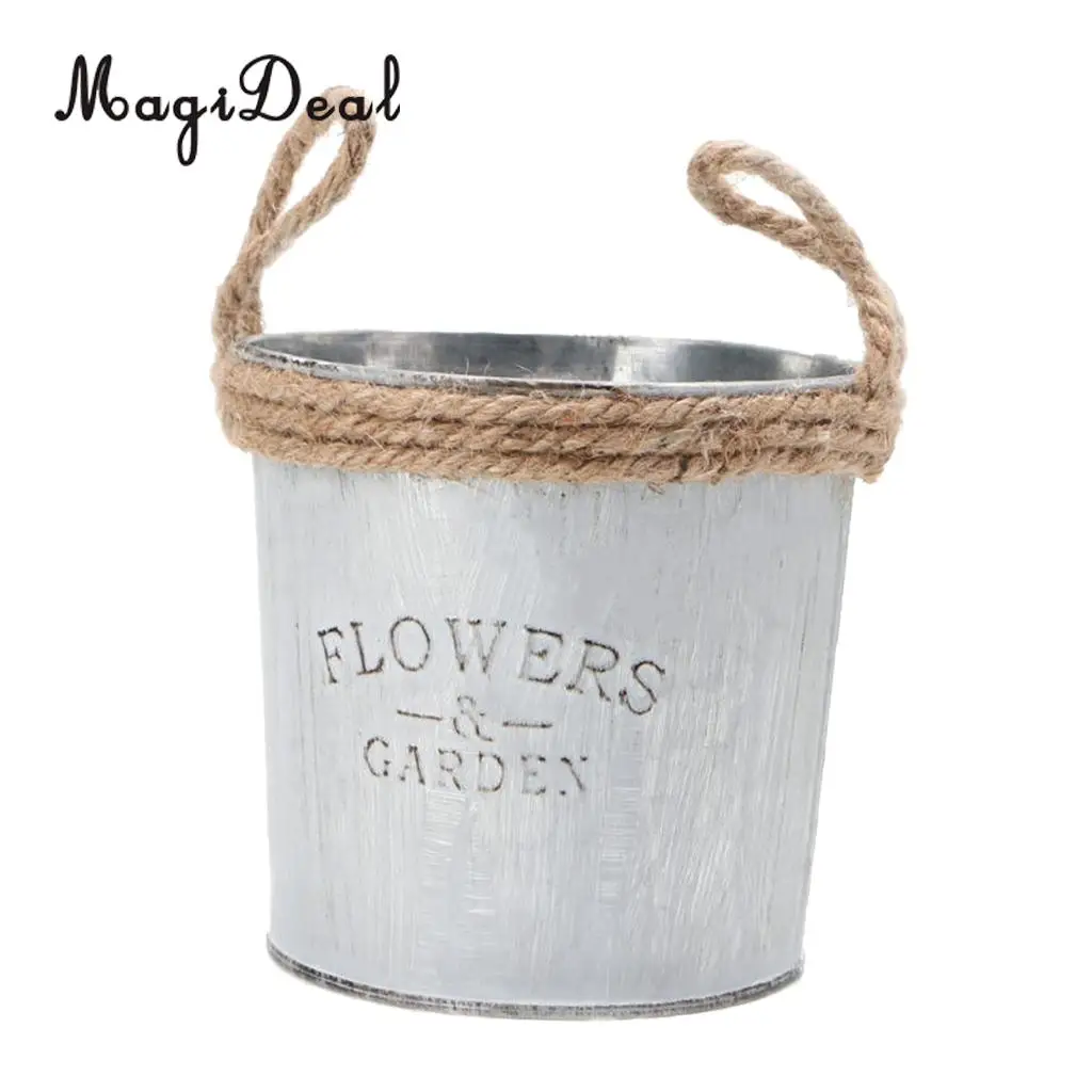 MagiDeal 2Pcs Vintage Metal Tin Hanging Pot Planter Pot Flower Bucket Barrel Basket Container for Balcony Fence Garden Lawn Home