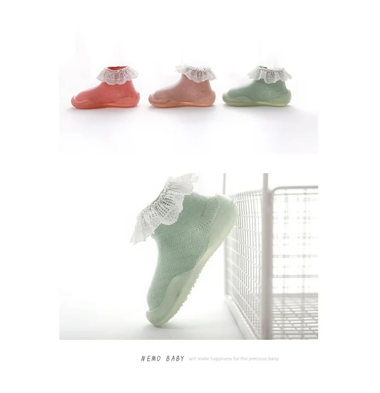 Baby Socks With Rubber Soles toddler girls shoe bebe knitted slippers walker soft shoes boy girls Anti-skid Soft Socks with Lace-edged (3)