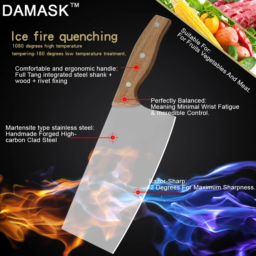 DAMASK Wood Handle Stainless Steel Cleaver Super Sharp Chef Chopping Slicer Knife Chinese Design Cooking Kitchen Knives 7inch
DAMASK Wood Handle Stainless Steel Cleaver Super Sharp Chef Chopping Slicer Knife Chinese Design Cooking Kitchen Knives 7inch