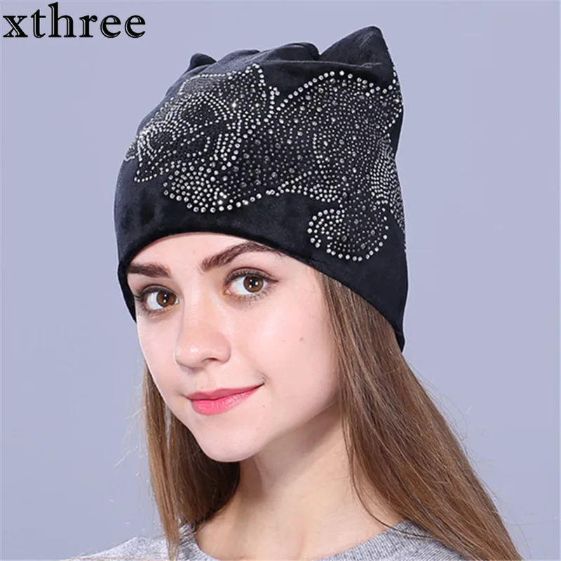 

Xthree cute Rhine stone kitty Flannelette Autumn winter hat for women girls beanies Skullies gorras