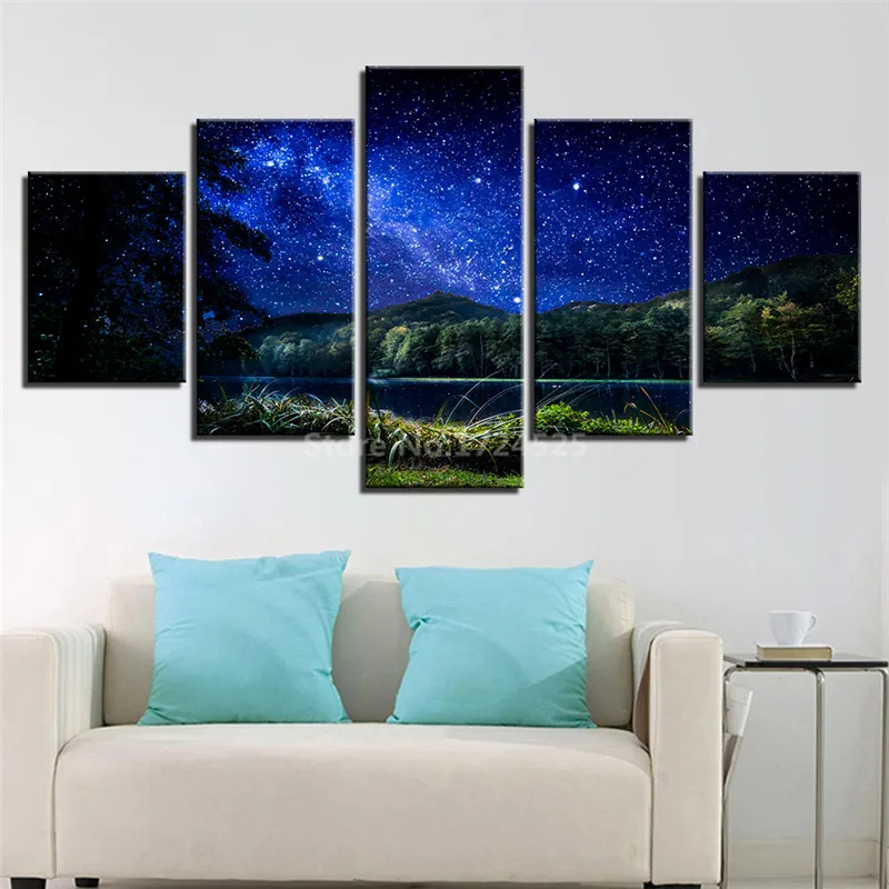 Canvas-Painting-Wall-Art-Abstract-Decor-Framework-5-Panel-Starry-Sky-Landscape-Modular-Pictures-For-Living