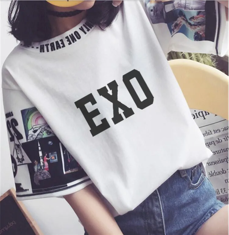 Kpop EXO Женская футболка свободного силуэта с короткими рукавами k pop летняя k-pop