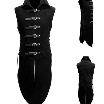 

Adult Men Middle Age Renaissance Knight Solider Armor Costume Vest Medieval Landlord High Neck Top Shirt Leather Button Clothing