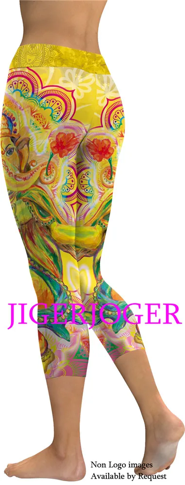 JIGERJOGER Spring Yellow Ganesha Capris Leggings JIGERJOGER Spring Yellow Ganesha Capris Leggings