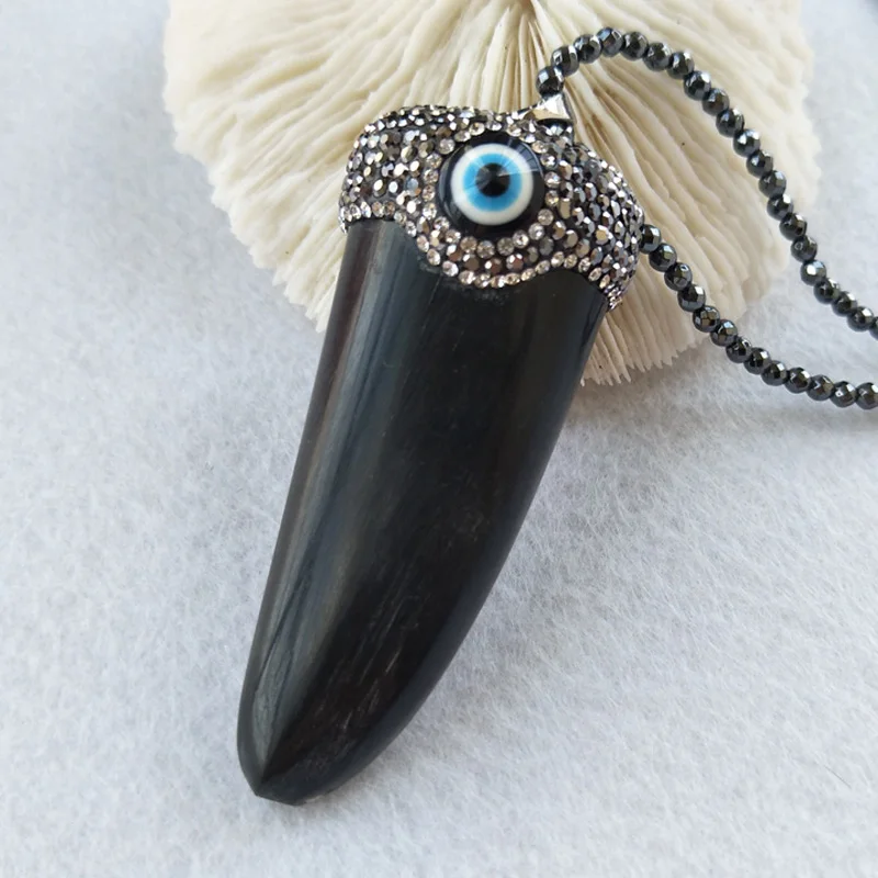 5 прядей ожерелье из гематита уникальный Бык Рог кулон Стразы с паве кристаллов