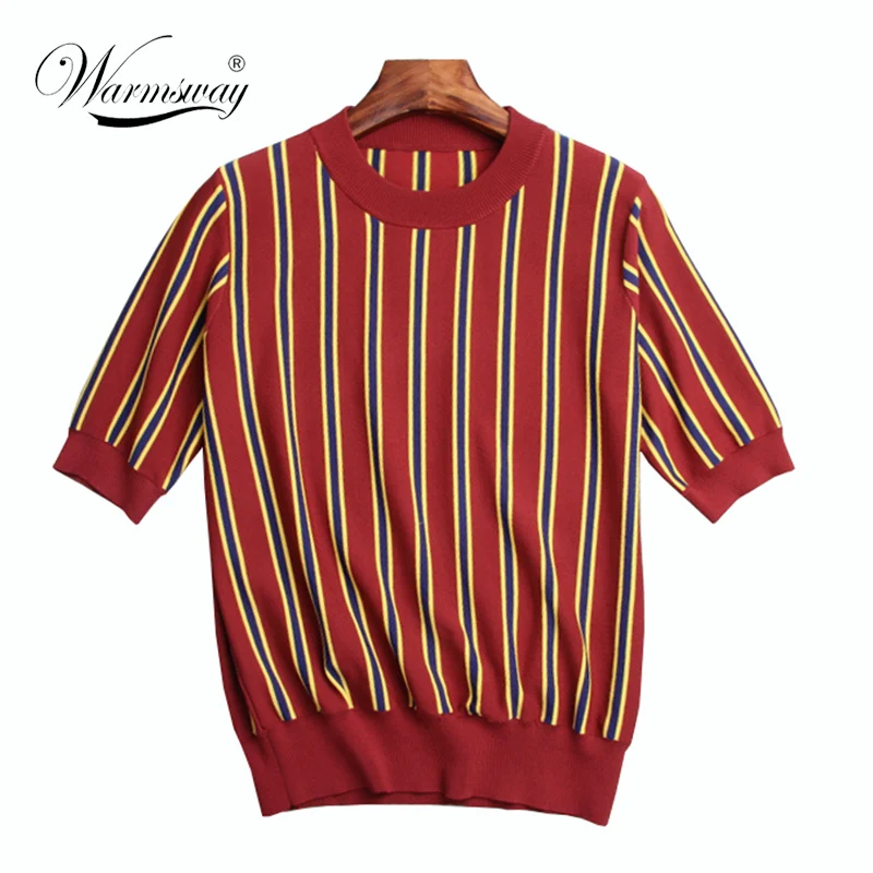 Good quality women elegant short sleeve patchwork striped knitted Pullover o neck summer autumn tees casual tops camiseta WS-109