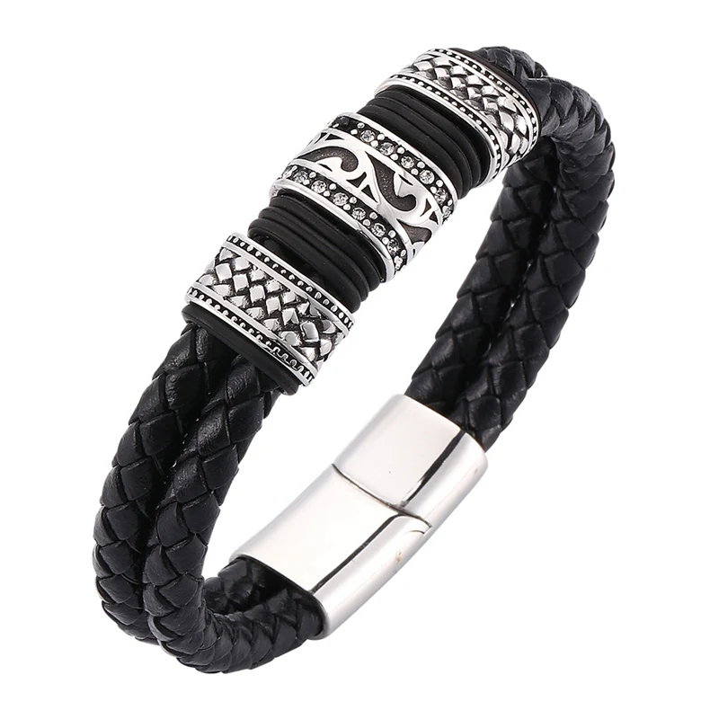 Фото Мужской кожаный браслет в стиле панк черный плетеный с магнитной застежкой из