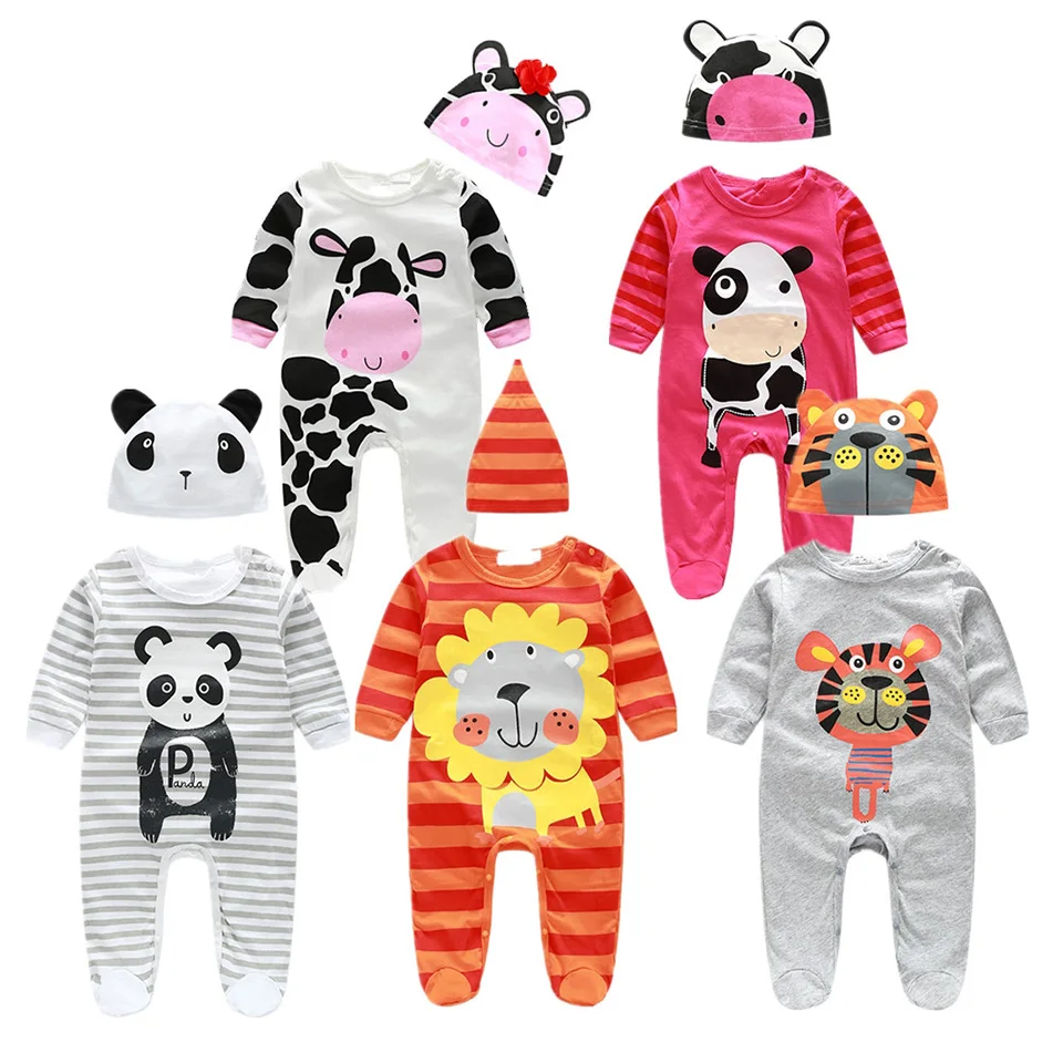 (animal baby clothes) Infant clothes romper cow/ panda/lion/ tiger/rabbit/zebra/crocodile long-sleeved with cute hat | Детская одежда и