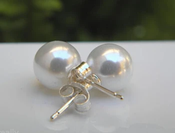 

ry00598 Pretty 8mm White Shell Pearl Silver Post Studs Earring