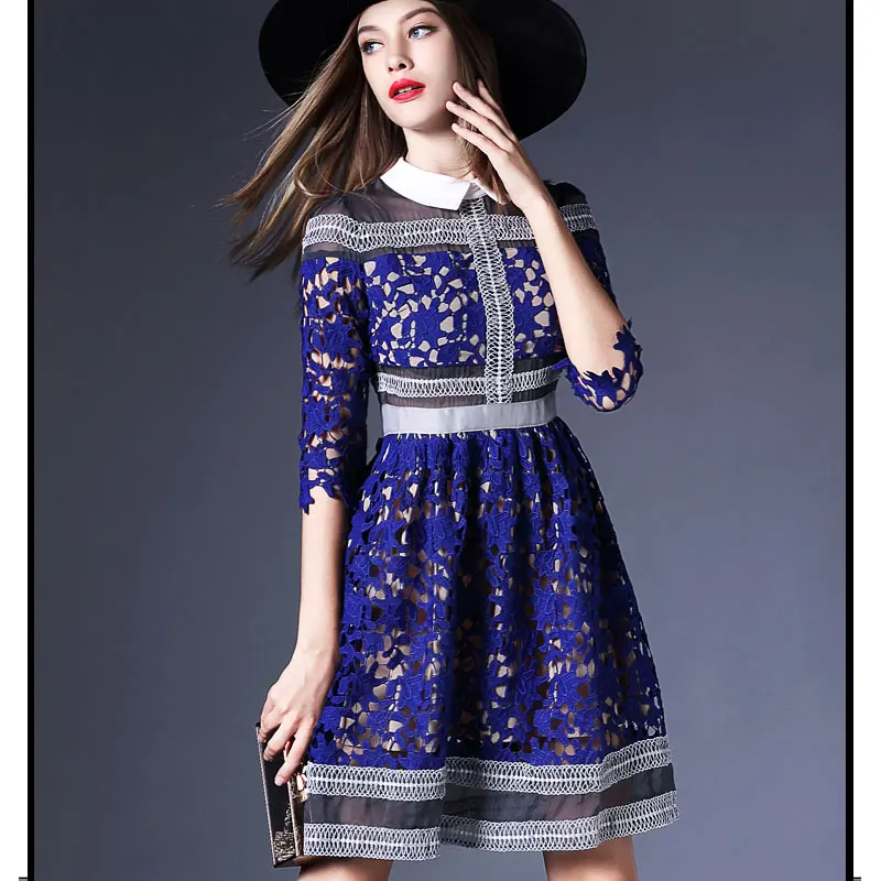 Spring New European And American Fashion Dress Flowers Hollow-Out Blue Dress Brand Quality Lace Dress Vestido Vintage Elegant
Spring New European And American Fashion Dress Flowers Hollow-Out Blue Dress Brand Quality Lace Dress Vestido Vintage Elegant